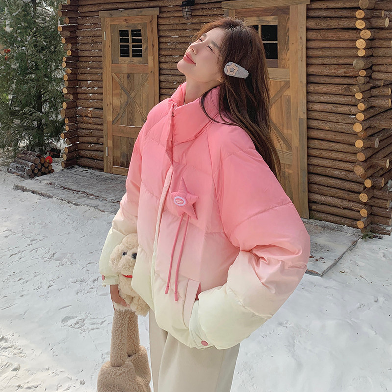 韩版减龄粉色渐变短款羽绒服女2025年冬季新款加厚显瘦白鸭绒外套,女装羽绒服,2C218