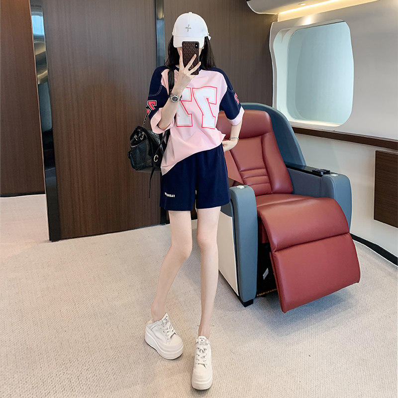设计感字母印花短袖阔腿短裤两件套女夏季,女装套装/套裙,2C310