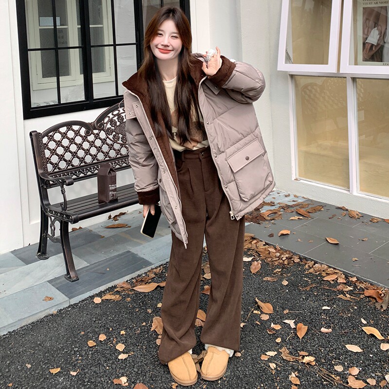 灯芯绒拼接连帽羽绒服女冬季新款小个子韩系加厚90白鸭绒保暖外套,女装羽绒服,2C139