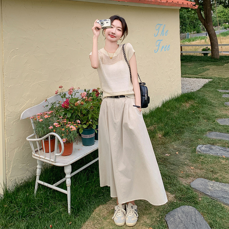 法式气质镂空针织短袖套装女2025夏季新款显瘦a字半身长裙两件套,女装套装/套裙,2C159