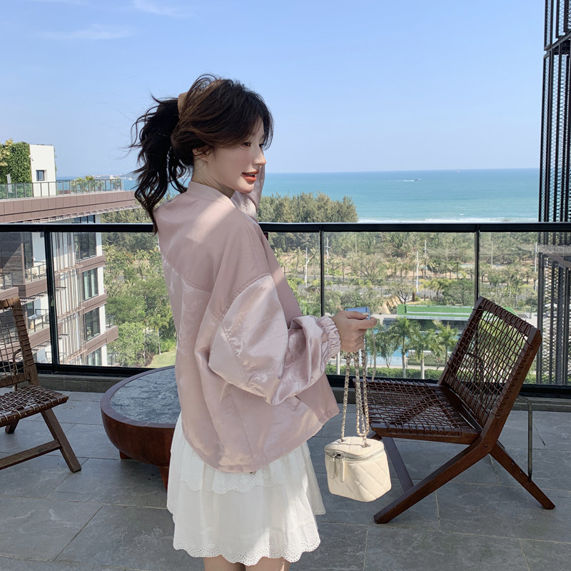 韩系独特漂亮粉色拼皮棒球服外套女春秋超火好看高级小众夹克上衣,女装短外套,2C266
