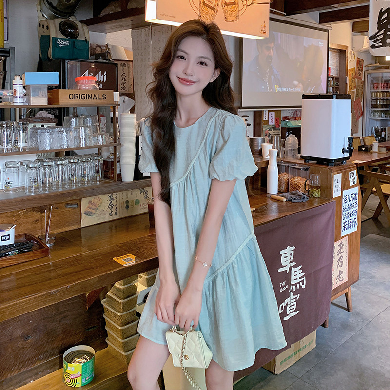 法式森系减龄初恋连衣裙女2025夏季新款韩版宽松显瘦泡泡袖短裙子,女装连衣裙,2C057