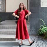 法式复古红色连衣裙女2025夏季新款气质收腰宽松V领海边度假长裙，女装连衣裙，2C212