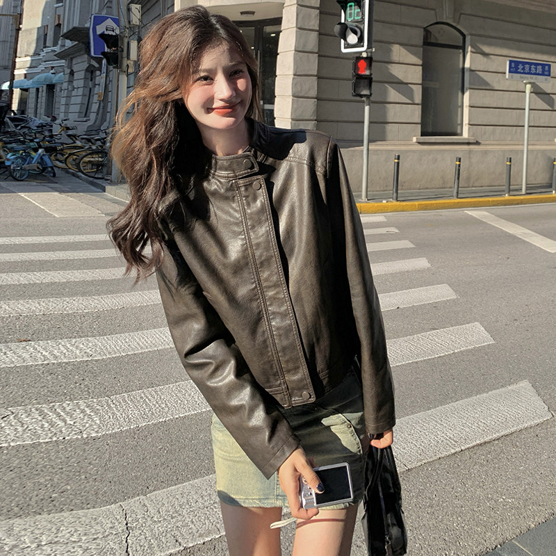 美式酷飒风短款小皮衣外套女春秋2025超火修身机车服高级感皮夹克,女装短外套,2C218