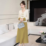 2025秋装新款女装V领蕾丝撞色拼接复古减龄套装裙两件套，女装套装/套裙，关键时