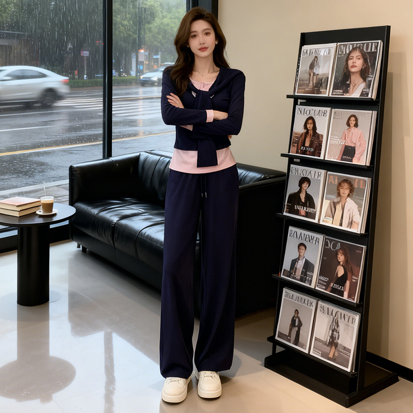 高级感时尚气质休闲套装女春季款撞色拼接假两件上衣阔腿裤两件套图片