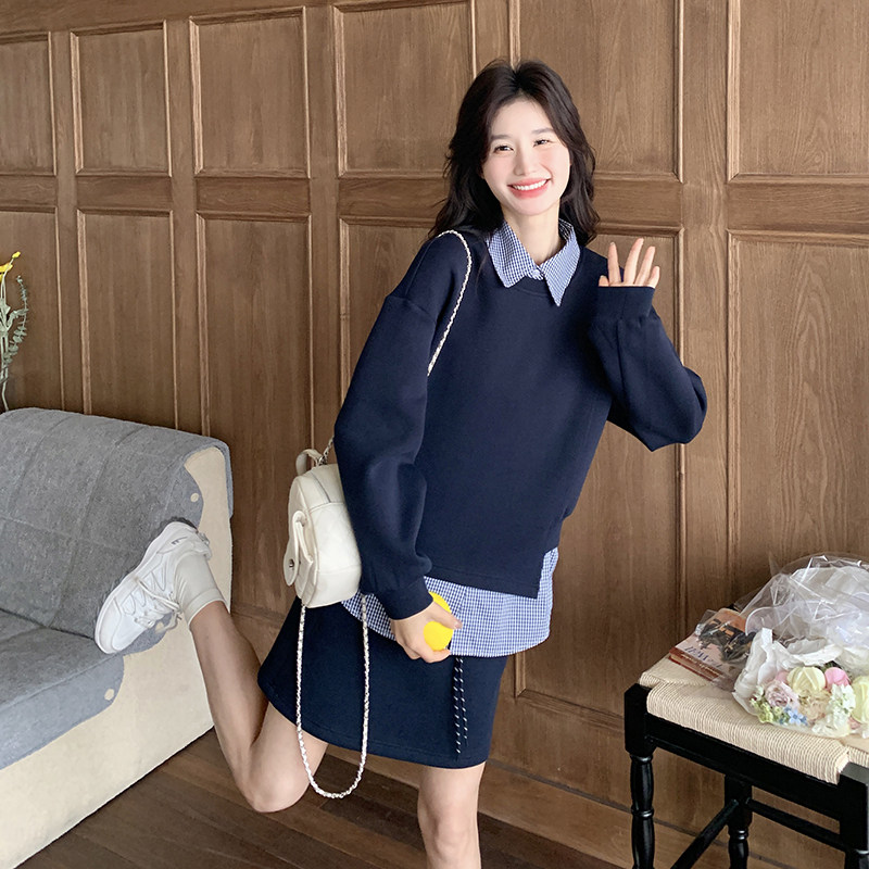 【档口现货】蓝色卫衣+无袖衬衫+短裙三件套装516-P170-K258,女装套装/套裙,2C126