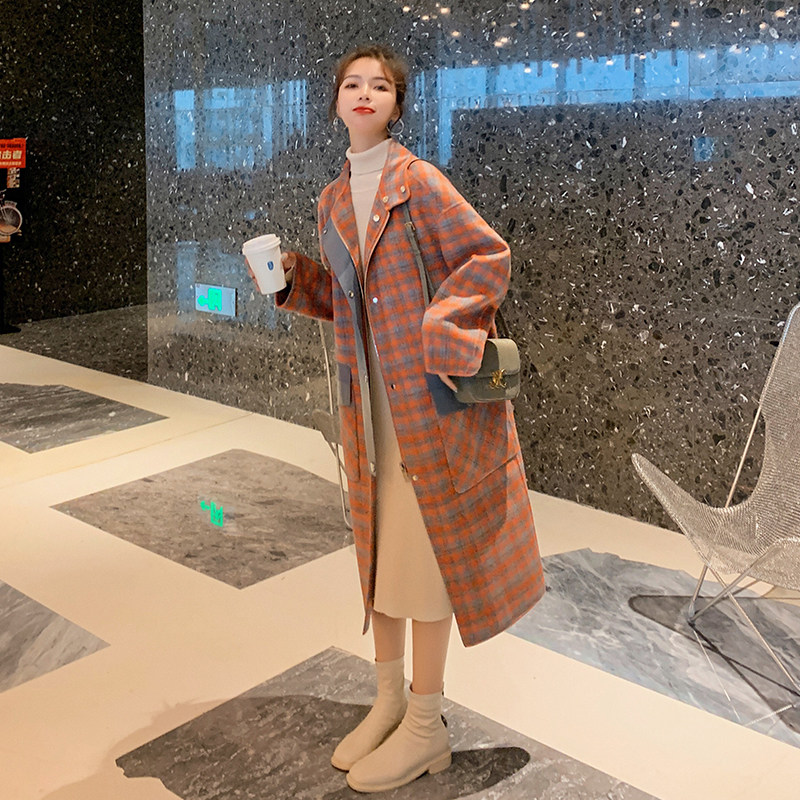 格纹毛呢复古气质拼色领中长款大衣女2B235-2602-P165-K238,女装毛呢外套,2B235