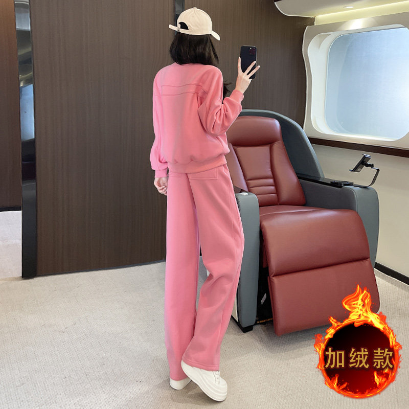 女秋冬季洋气减龄加绒卫衣阔腿裤套装,女装套装/套裙,2C310