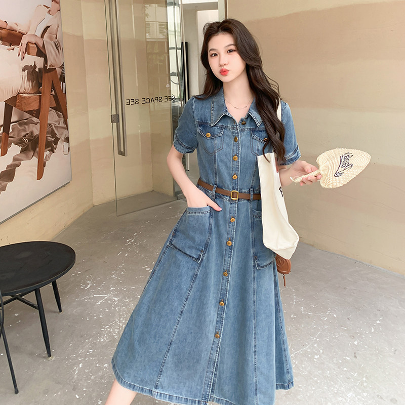 法式复古牛仔翻领连衣裙女2025年夏季新款收腰显瘦气质衬衫长裙潮,女装牛仔裙,2C030