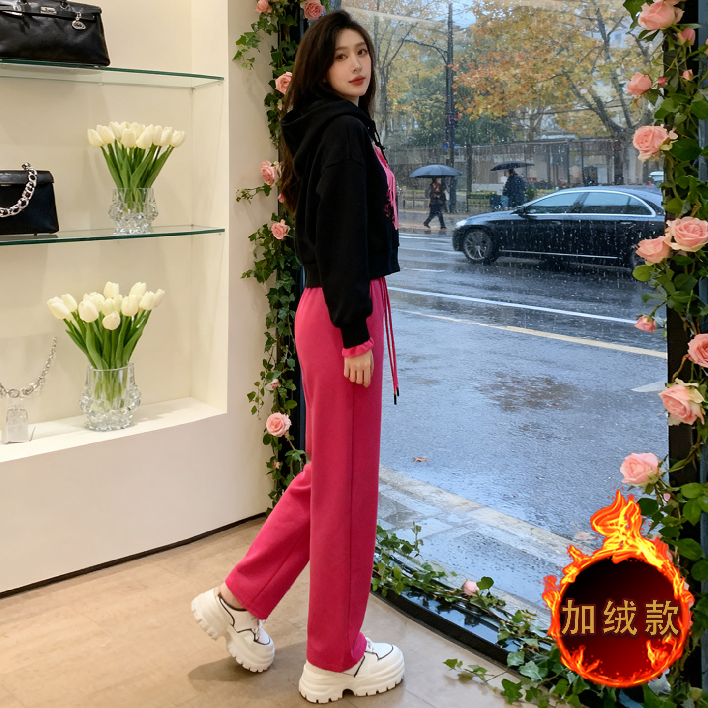 休闲运动套装女秋冬新款潮流时尚卡通刺绣连帽卫衣直筒长裤两件套,女装套装/套裙,2C310
