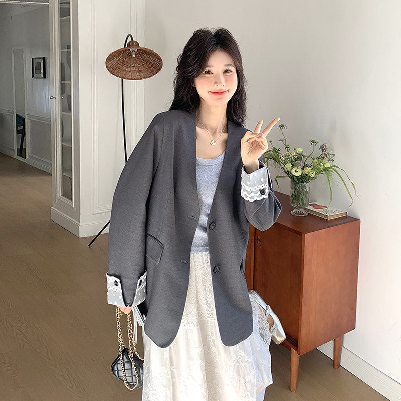 灰色轻熟风蕾丝拼接气质西服女秋季2025新款小个子显瘦小西装外套,女装西装,2C126