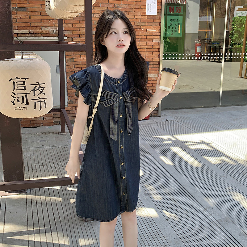 蝴蝶结减龄小飞袖牛仔连衣裙女夏季2025新款时尚小清新爆款小个子,女装连衣裙,2C117