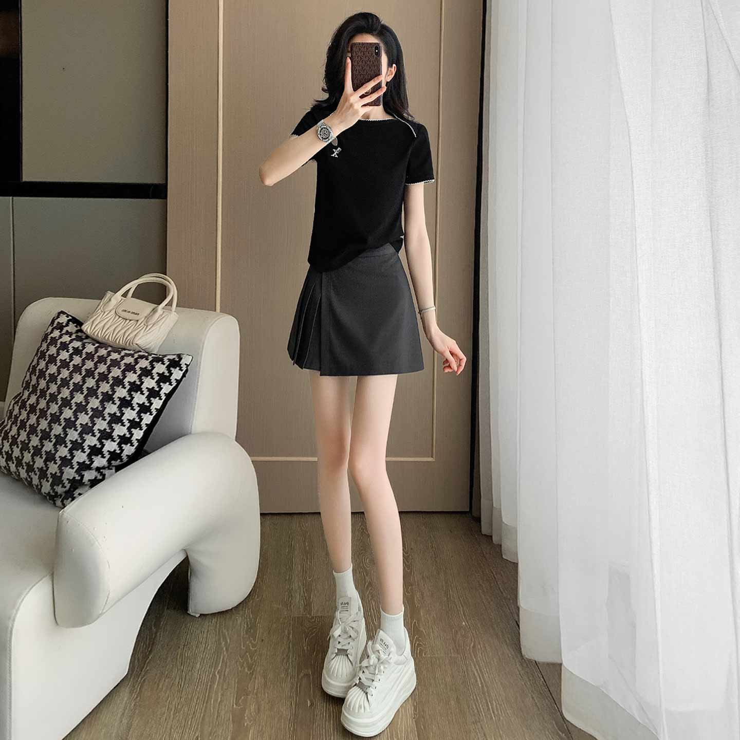 女夏新款穿搭运动套装洋气减龄纯色圆领短袖上衣百褶裤裙两件套潮,女装套装/套裙,2C310