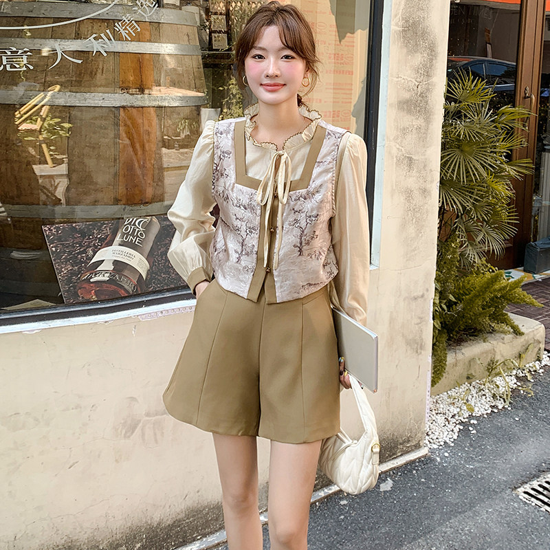 新中式国风印花盘扣马甲短裤套装女2025夏季新款设计感时尚三件套,女装套装/套裙,2C291