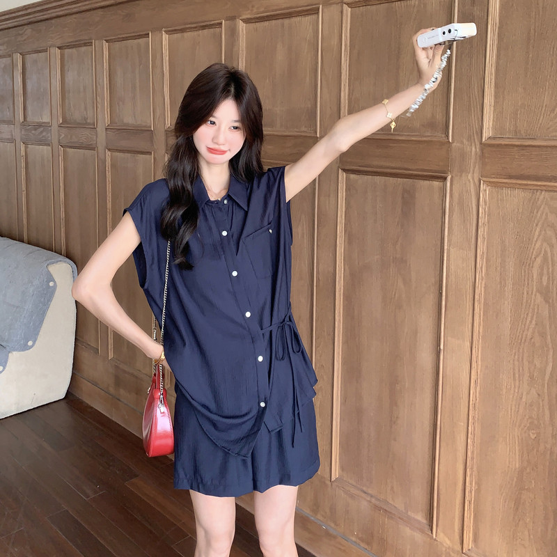 藏青色衬衫短裤套装女夏2025新款盐系轻熟ootd流行巨好看两件套,女装套装/套裙,2C215