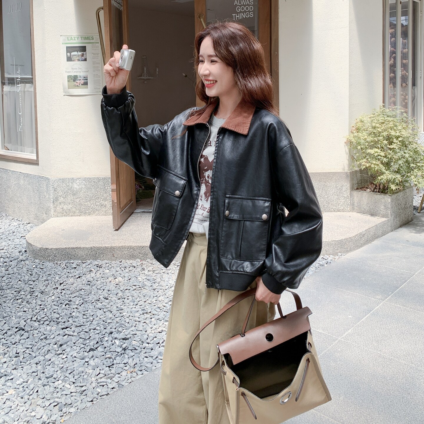黑色撞色翻领皮衣外套女2025秋季新款韩系复古高级感休闲机车夹克,女装皮衣,2C177