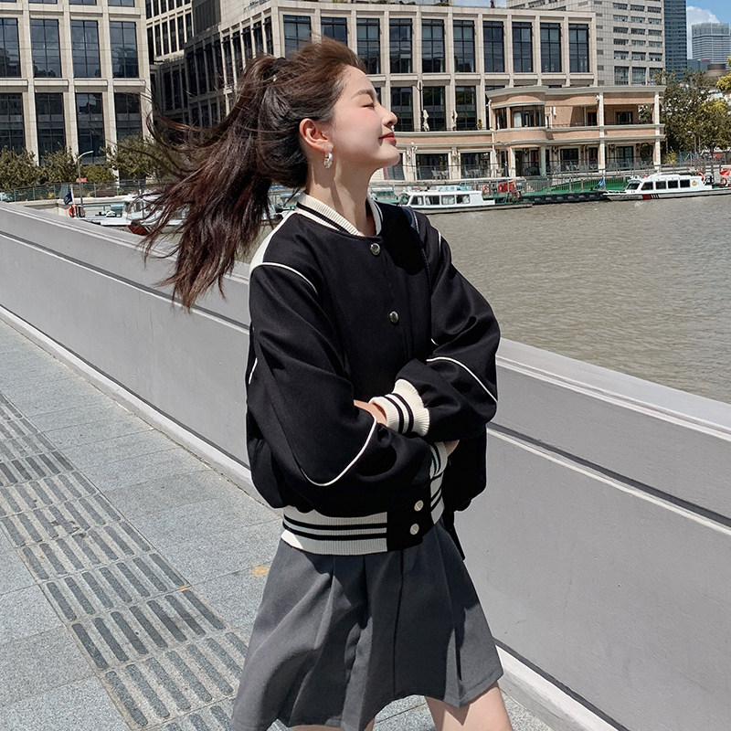 现货新款学院风撞色拼接棒球服休闲外套,女装短外套,2C269