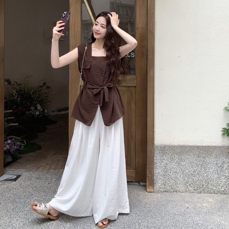 咖色方领上衣阔腿裤套装女2025年夏季新款韩版减龄高级感两件套图片