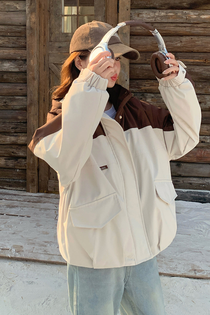 独特超好看红白撞色短款工装派克服加绒加厚女生棉服冲锋衣外套冬,女装派克服,2C218