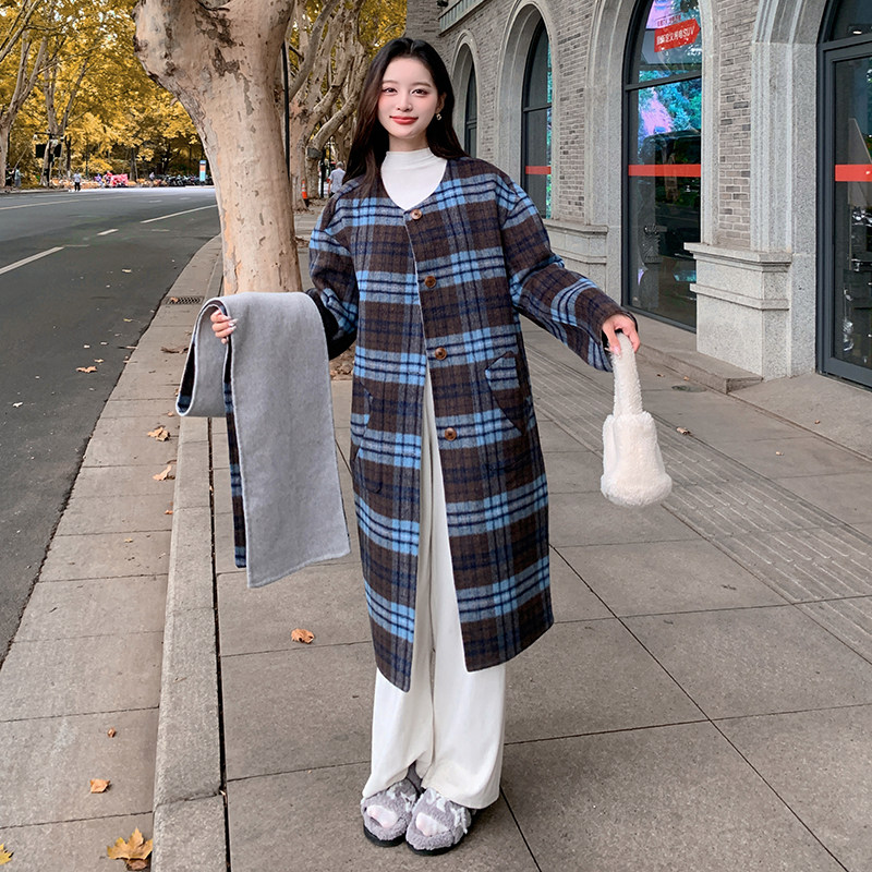设计感两面穿格子双面羊绒大衣女中长款2024深秋初冬穿搭毛呢外套,女装毛呢外套,2C291