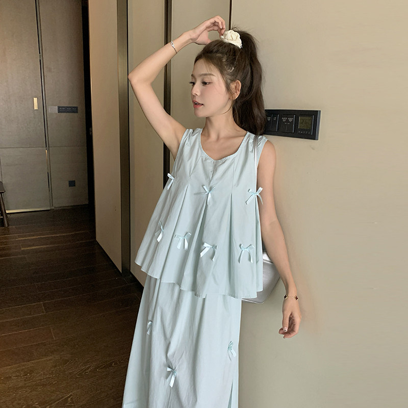 蓝色蝴蝶结无袖上衣套装夏女2025新款韩系设计感甜美半身裙两件套,女装套装/套裙,2C113