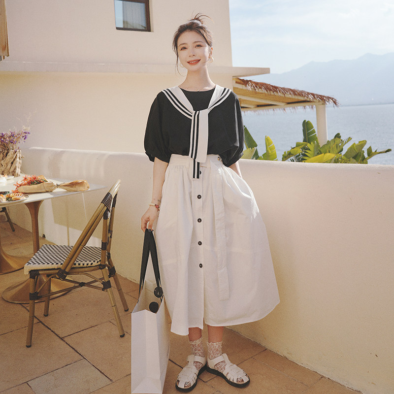 【现货】海军领披肩+黑白拼接假两件连衣裙209-890-P115K168,女装连衣裙,2C069
