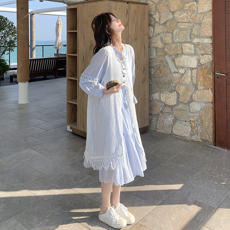法式蓝色连衣裙套装女2025秋季新款超好看减龄镂空罩衫叠穿两件套,女装套装/套裙,2D078
