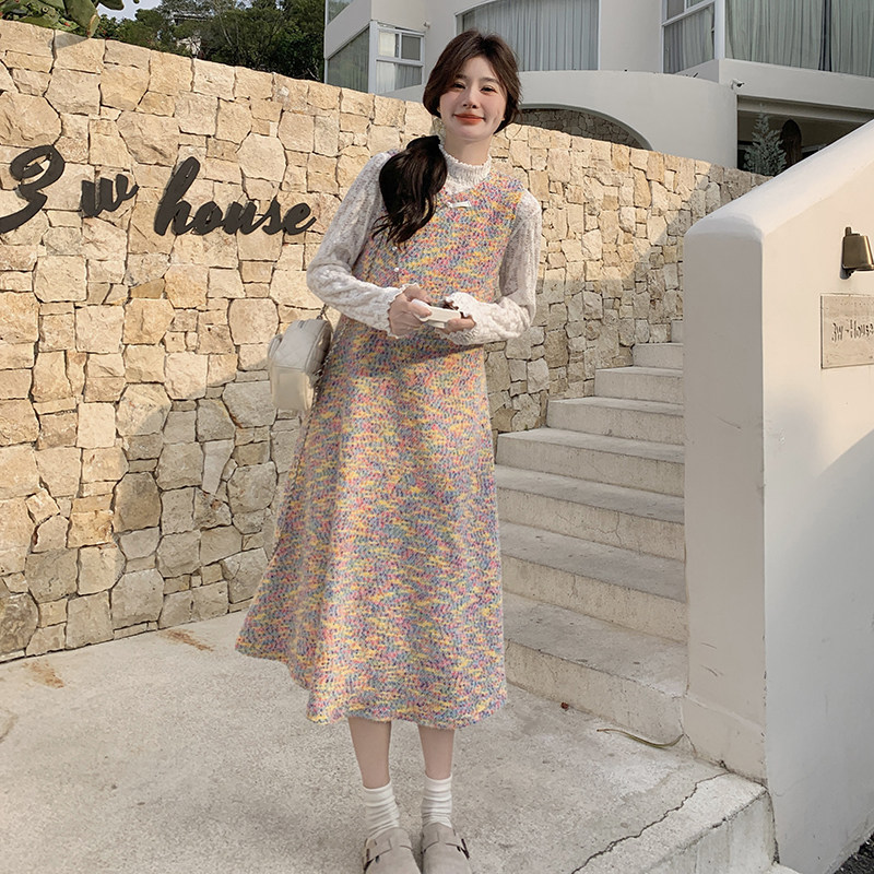 绿色格子连衣裙套装女2025春季新款小清新甜美减龄蕾丝罩衫两件套,女装套装/套裙,2C115