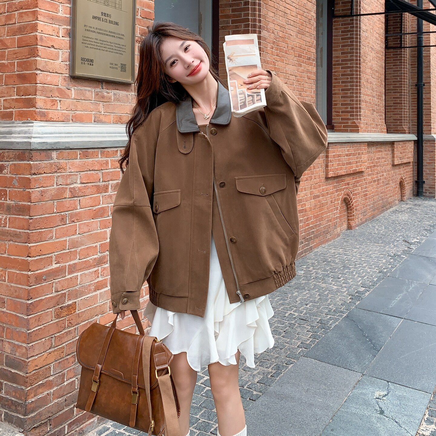 甜美时髦复古麂皮绒外套女2025秋季拼接PU皮撞色翻领炸街休闲夹克图片