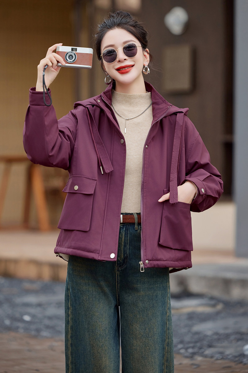 高级感紫红色加绒加厚外套女2025春秋新款休闲宽松连帽小个子棉服,女装派克服,唯婧