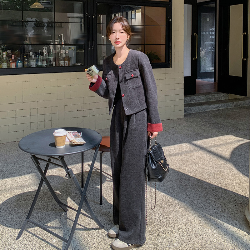 小香风穿搭气质灰色毛呢套装女秋冬超火好看高级小众阔腿裤两件套,女装套装/套裙,2C203