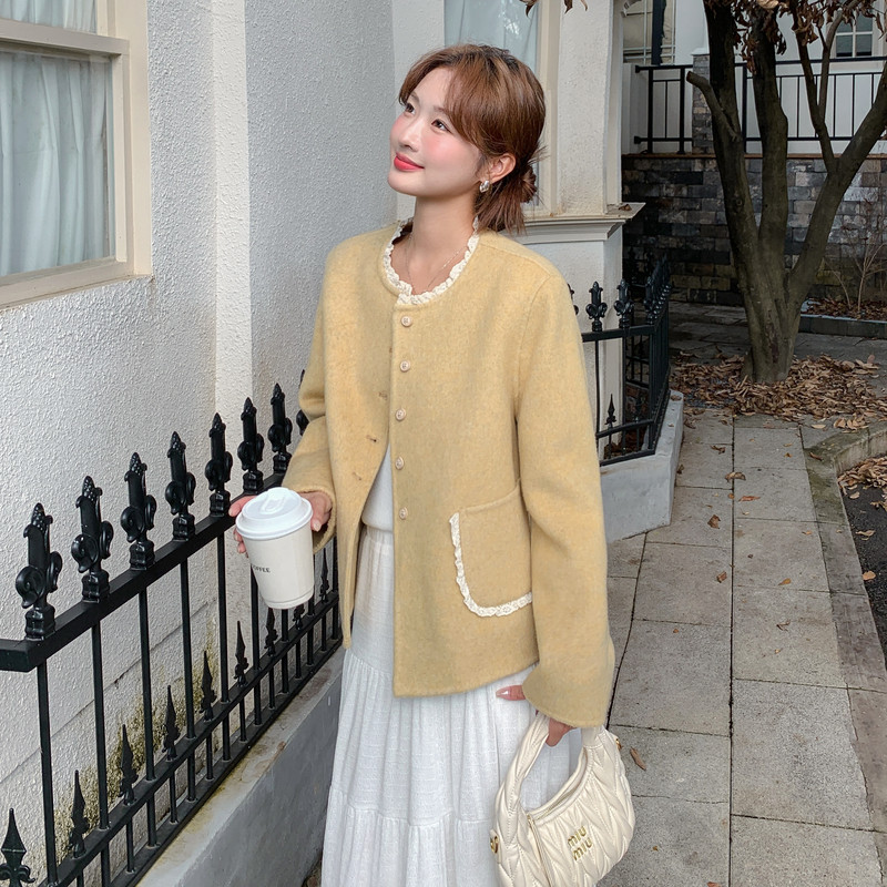 黄色小香风双面呢大衣女2025冬季新款法式高级感气质减龄羊毛外套,女装羊绒大衣,2C056