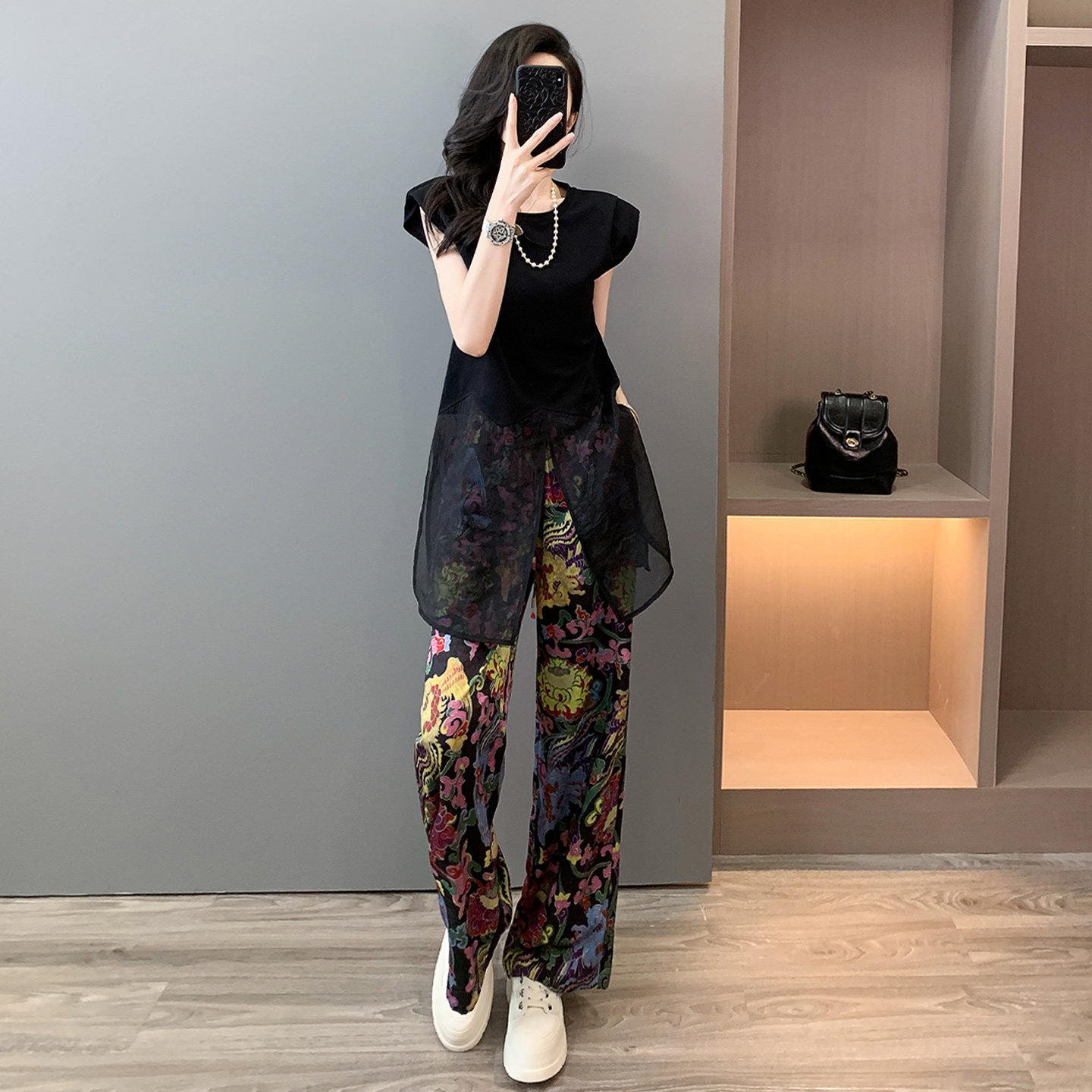 高级感时尚潮流套装女夏新款开叉设计无袖网纱拼接短袖长裤两件套,女装套装/套裙,2C310