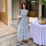 镂空无袖针织衫百褶碎花半身裙两件套女2025夏季优雅气质裙子套装，女装套装/套裙，2C166