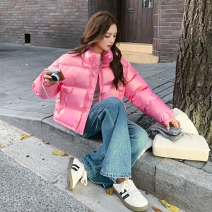 韩版简约立领亮面棉服女2025年冬季新款小个子超好看加厚保暖外套图片