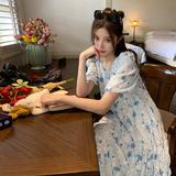 清新风蓝白色小碎花方领连衣裙女夏2025新款乖巧独特漂亮连身长裙，女装连衣裙，2C372