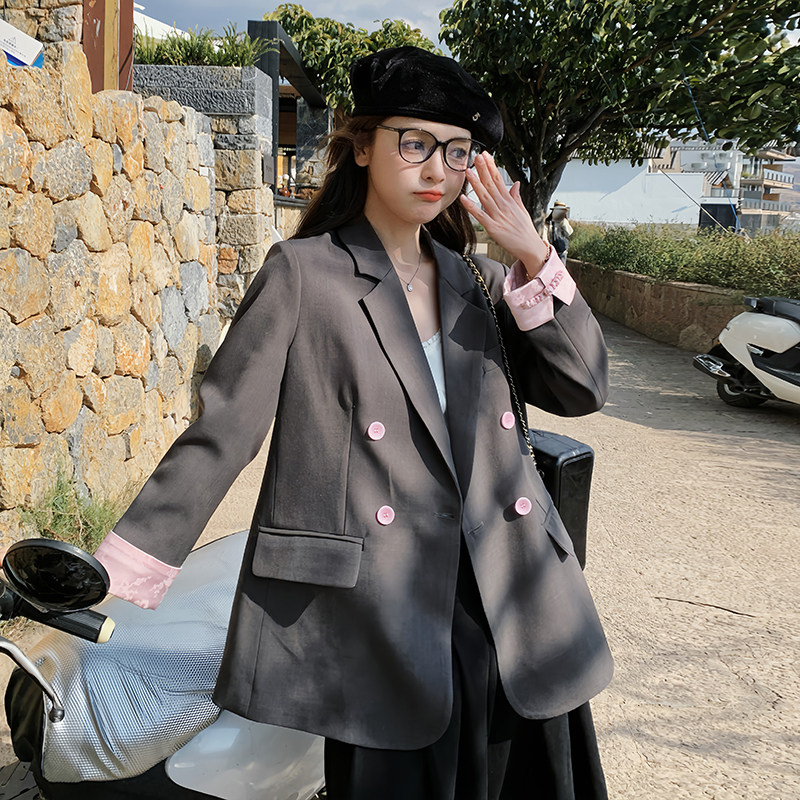 国风双排扣设计感西装外套女2024春秋季新款撞色宽松显瘦短款西服,女装西装,2C113