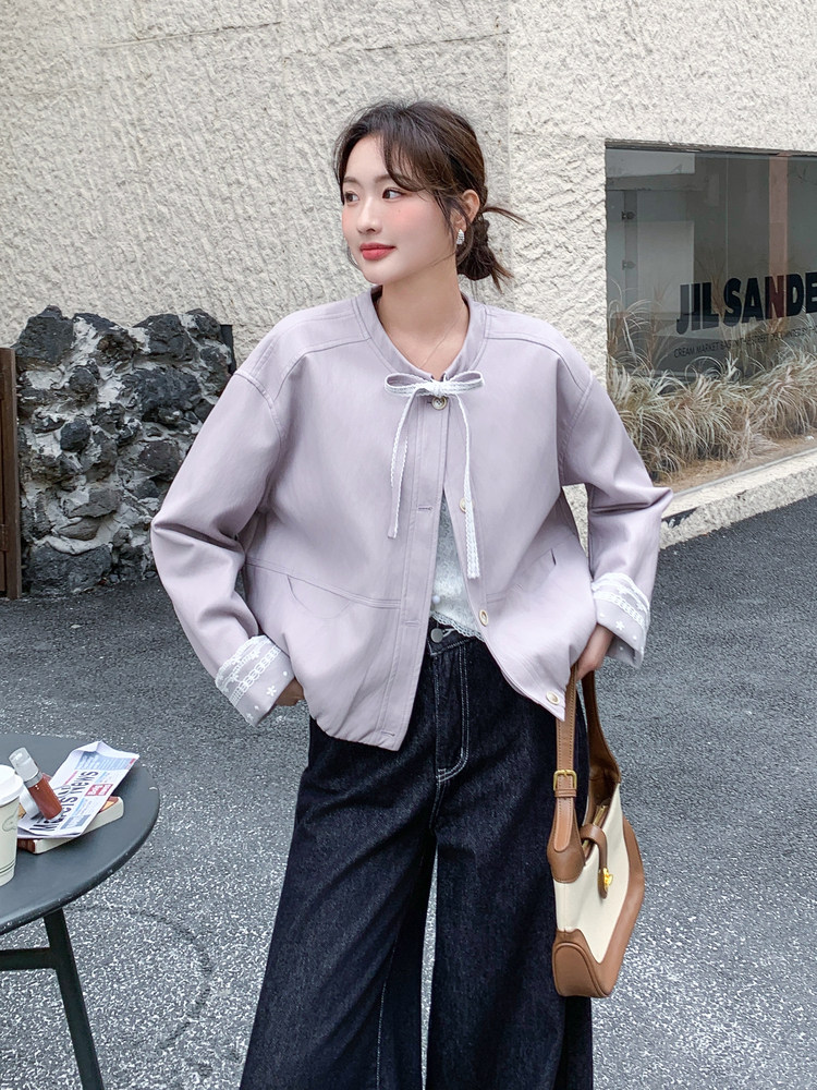 【26现货新款】春拼接短款单排扣圆领皮衣外套,女装皮衣,2C215