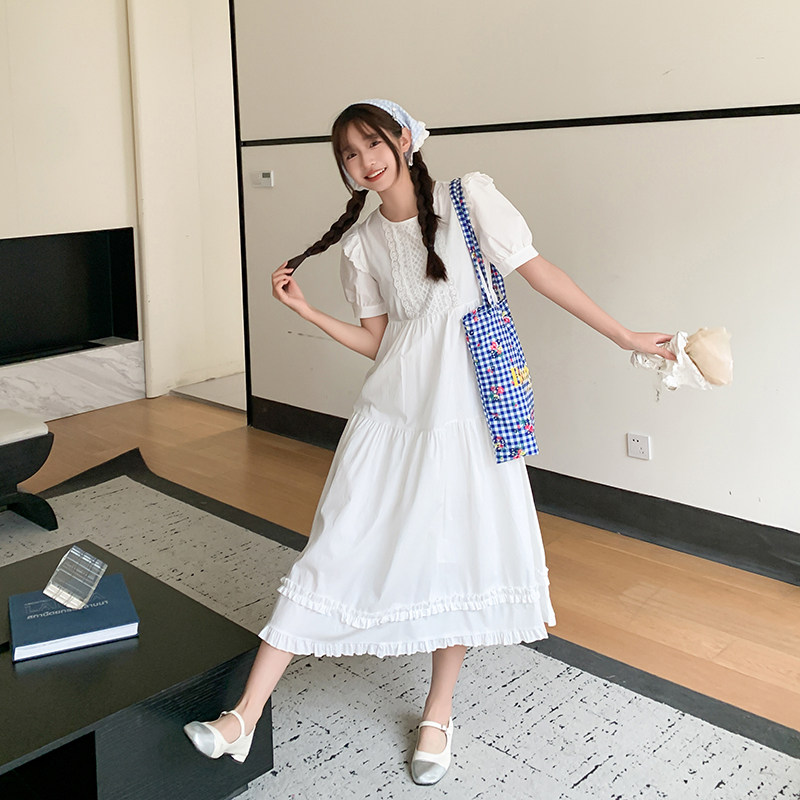 初恋清纯奶甜白色连衣裙女夏2025新款法式甜美蕾丝泡泡袖收腰长裙,女装连衣裙,2C122