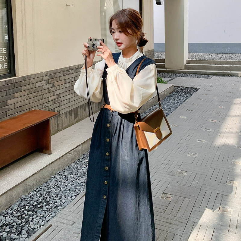 法式穿搭衬衫配牛仔连衣裙女秋冬2024新款独特超好看长裙两件套装,女装套装/套裙,2C166
