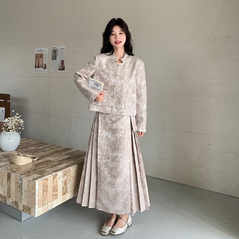 新中式国风提花套装裙女2025春秋新款高级感复古马面半身裙两件套,女装套装/套裙,2C009