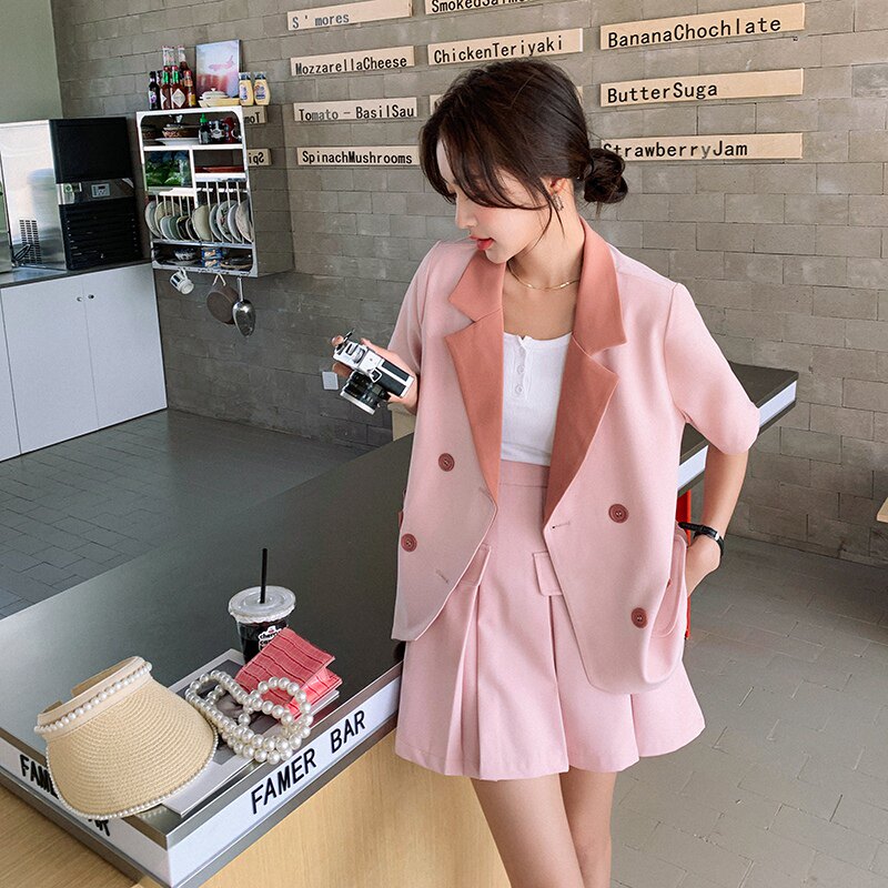 新品面料已下夏季粉色拼接西装两件套2C032819P130K188,女装套装/套裙,2C032