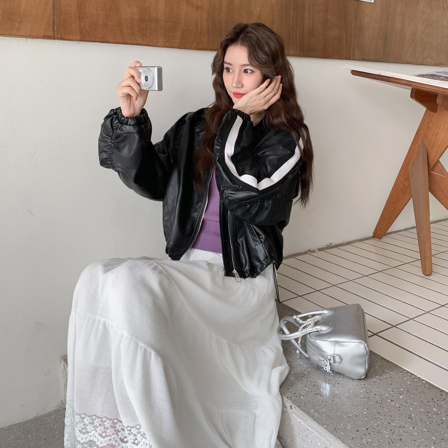 黑色拼接设计感立领短外套女秋季新款韩系甜酷风小个子上衣,女装皮衣,2C177