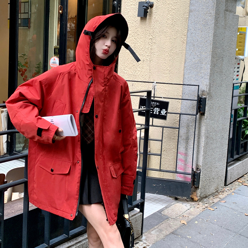 红色工装连帽加厚派克服女2025冬季新款洋气显白小个子加厚冲锋衣,女装派克服,2C098