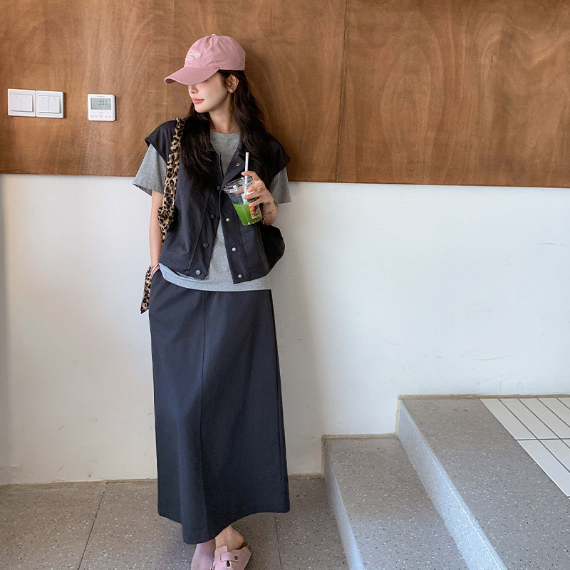 深灰色工装休闲套装裙女2025新款夏季穿搭一整套显瘦半身裙两件套,女装套装/套裙,2D109