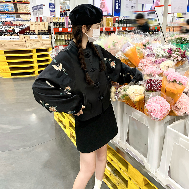 黑色新中式国风刺绣皮衣外套女短款2025春秋新款小个子设计感夹克图片