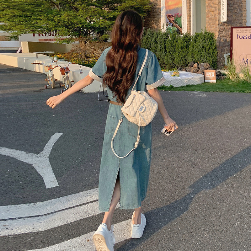 蓝色牛仔连衣裙女2025夏季新款韩系高级感气质收腰polo领衬衫长裙,女装连衣裙,2C098