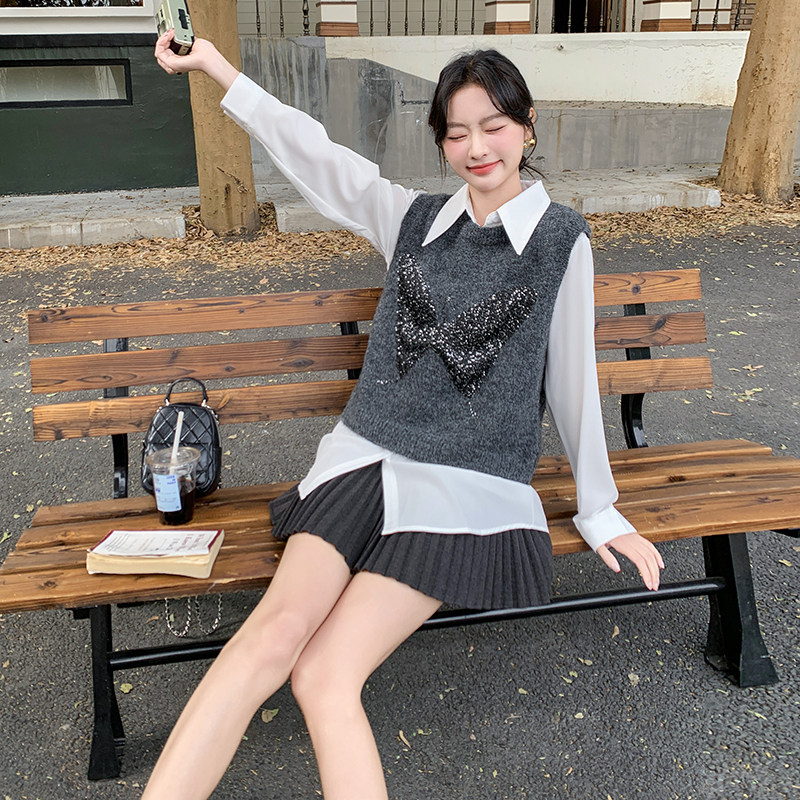 韩版小香风时尚套装女2025春秋季新款休闲衬衫叠穿马甲上衣两件套,女装套装/套裙,2C159