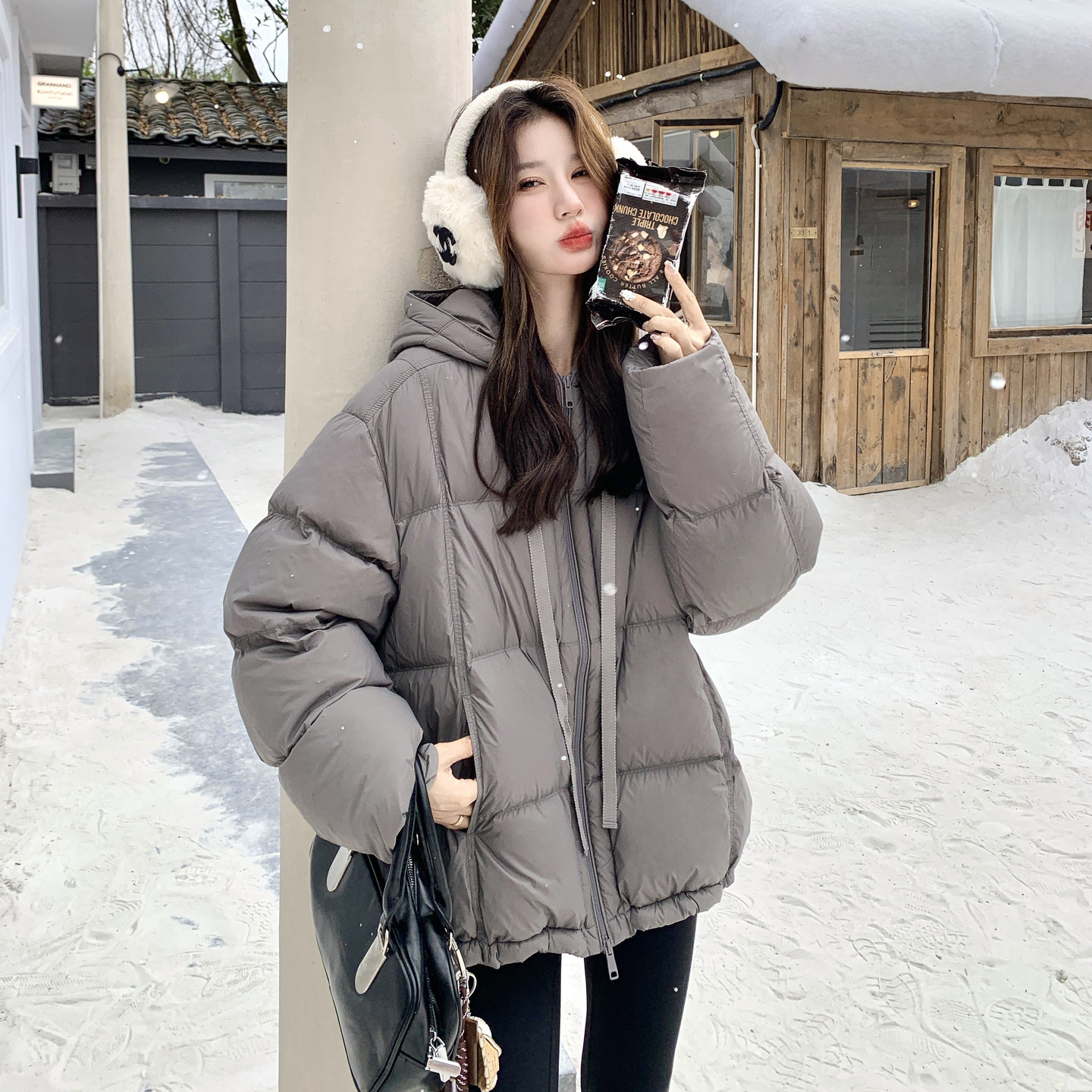 高级感灰色连帽羽绒服女2025冬季新款韩系休闲宽松保暖面包服外套,女装羽绒服,2C166